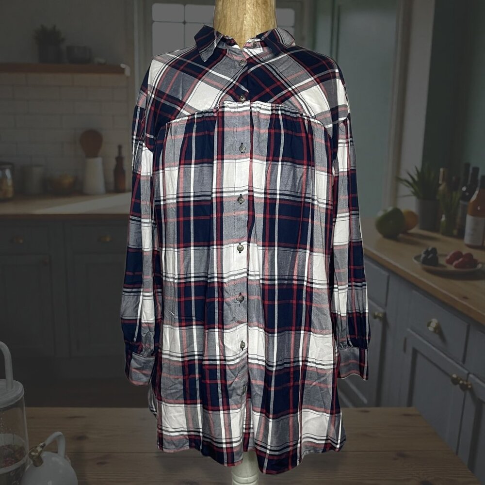 New Como Vintage Womens 1X Plaid Button Tunic Top Navy Red Long Sleeve Lagenlook